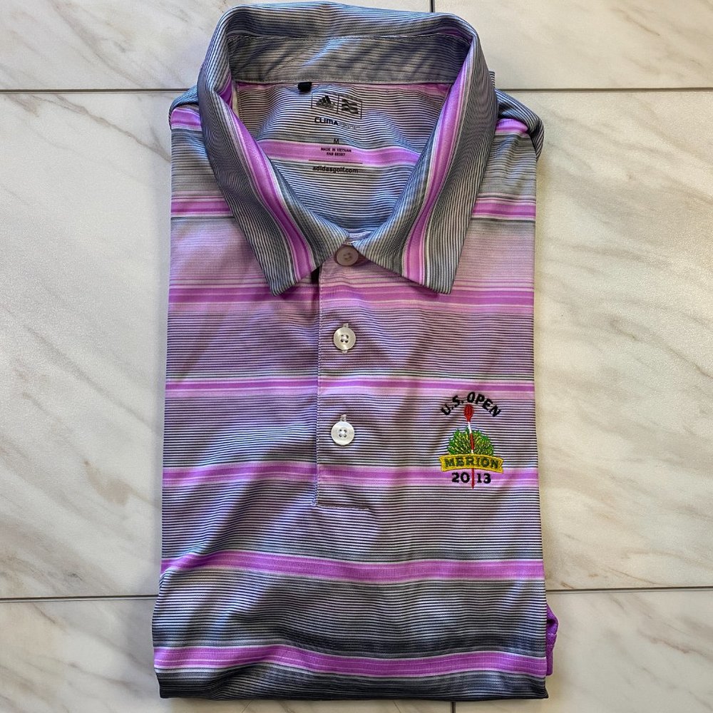 Adidas Golf Performance Polo Pink Gray Purple Stripes 2013 US Open Merion Medium